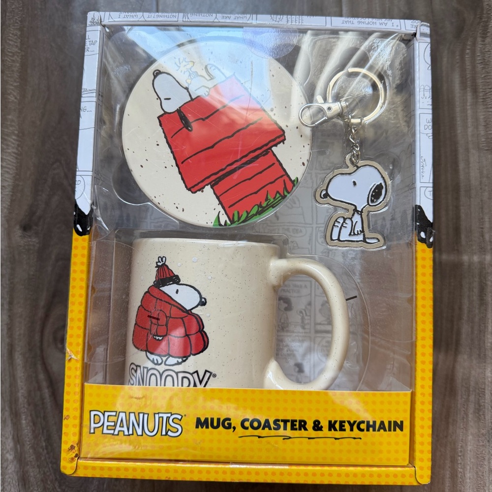 Peanuts Snoopy Tan Mug, Red Coaster & White Keychain Set